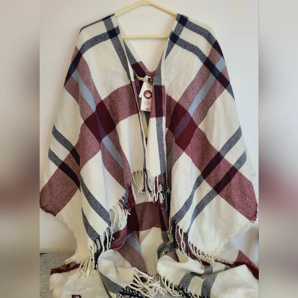 Canada Weathergear Grey Cream Red Plaid Shawl Poncho Cape High Low NWT